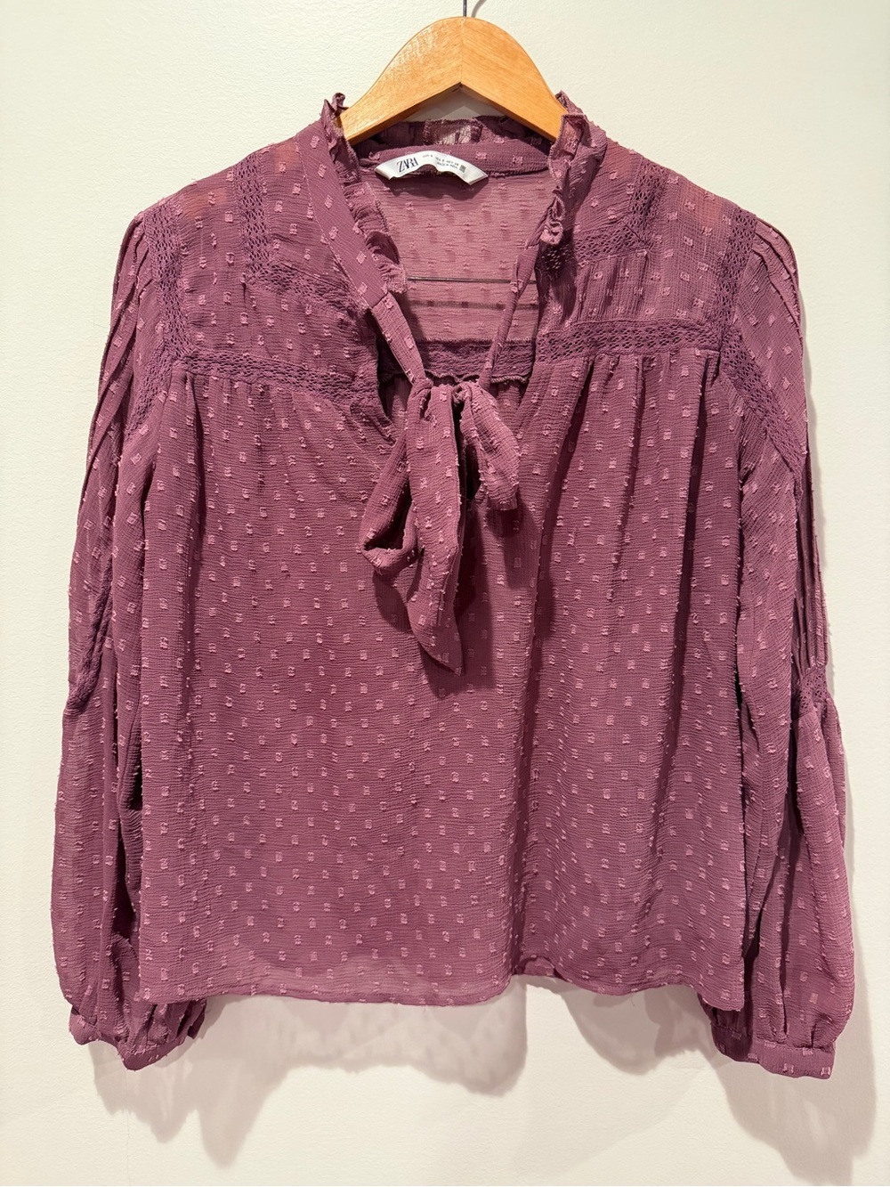 ZARA Dusty Plum Clip Dot Lace Trim Tie Neck Blouse